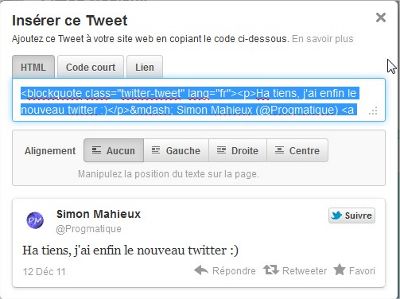 Twitter - Integrer un tweet sur son site