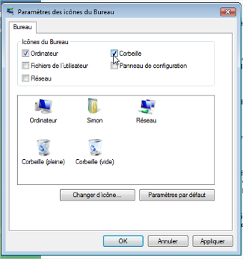 Etape 2 de la restauration d'une corbeille disparue sous Windows Vista